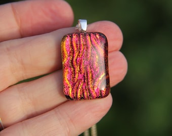 Red Dichroic Glass Pendant: Fused Stream Pattern Necklace