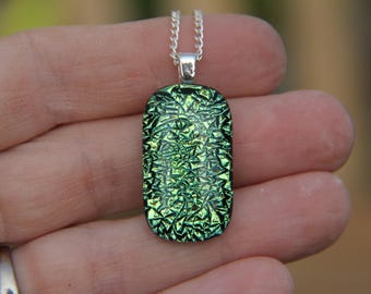 Pale Green Crinkle Dichroic Glass Pendant Necklace