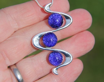 Cobalt Blue Dichroic Glass Snake Pendant: Handmade Silver Plated Necklace