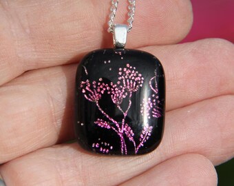 Pink Seed Head Dichroic Glass Pendant - Silver Plated Chain