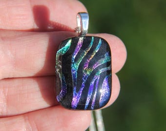 Rainbow streaks dichroic glass pendant, fused glass necklace