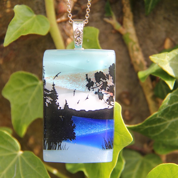 Winter lake dichroic pendant,dichroic glass necklace, fused glass necklace, fused glass pendant, multi-coloured dichroic, landscape pendant