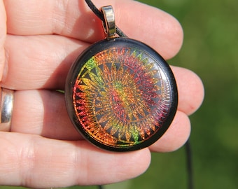 Art Deco Dichroic Glass Pendant: Orange Gold Enamel and Dichroic Flower Spiral Necklace