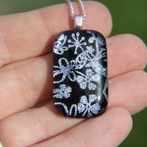 Silver flowers dichroic glass pendant, fused glass, dichroic necklace, silver glass, silver deer fused glass pendant,  silver pendant ,