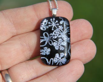 Silver Flowers Dichroic Glass Pendant Necklace