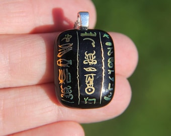 Black Dichroic Fused Glass Pendant Necklace, Gold Egyptian Hieroglyph Pattern