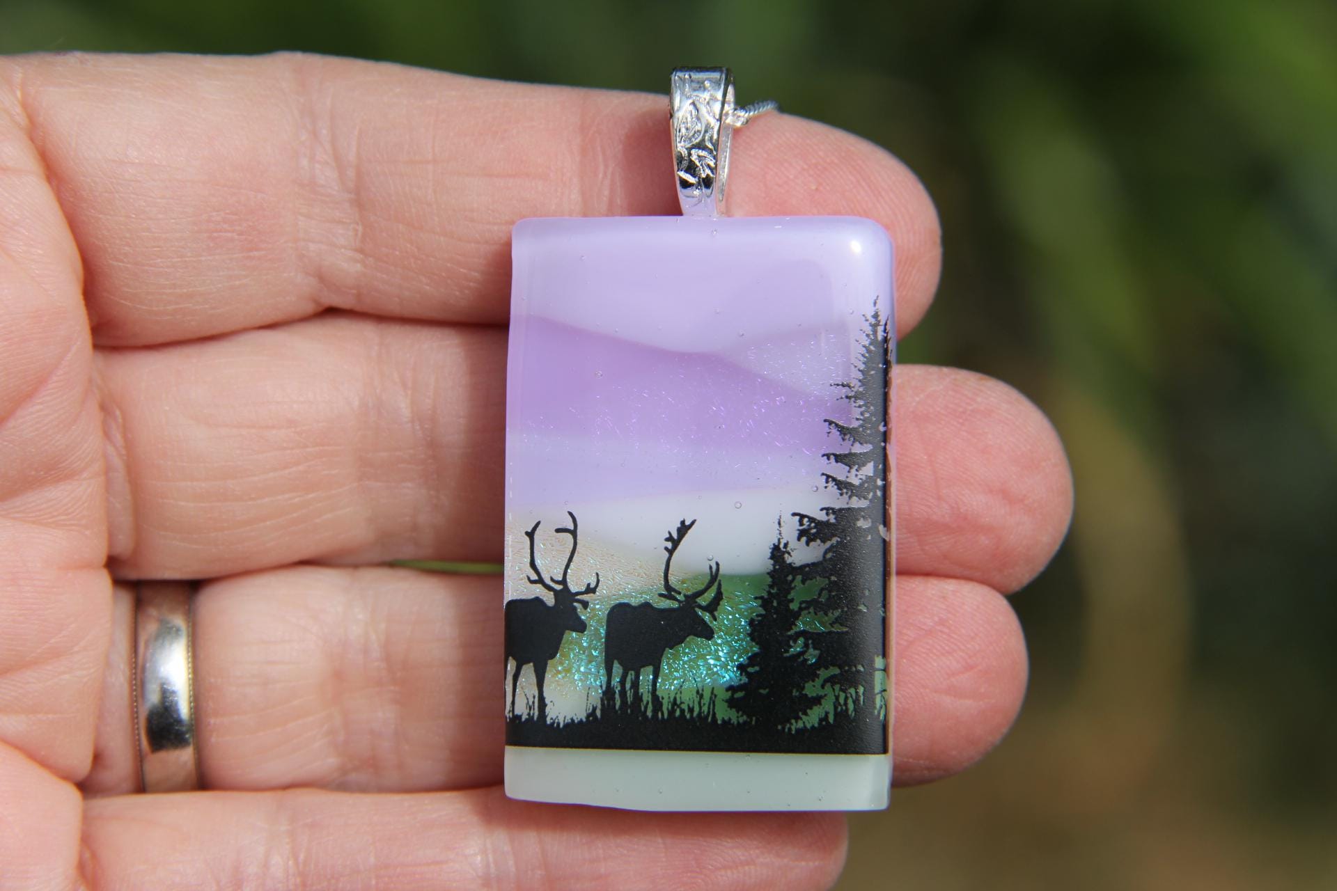 Moose landscape dichroic pendant,dichroic glass necklace, fused glass necklace fused glass pendant, multi-coloured dichroic, moose pendant