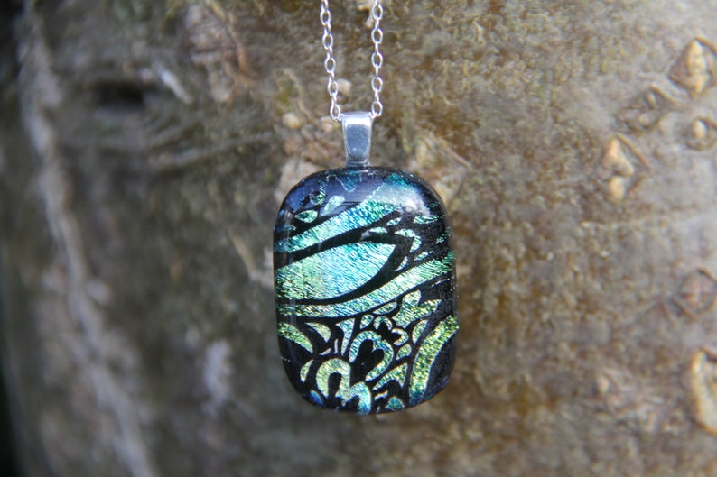 dichroic glass necklace dichroic necklace fused glass pendant Green and gold heart dichroic glass pendant fused glass green dichroic,