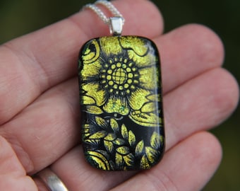 Large Gold Flower Dichroic Glass Pendant Necklace: Fused Glass Jewelry