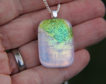 Orange Green Dichroic Confetti Glass Pendant Necklace: Fused Glass Jewelry