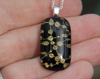 Gold Black Dichroic Glass Pendant:  Bead pattern Necklace