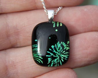 Dichroic Glass Firework Pendant: Green Fused Glass Necklace