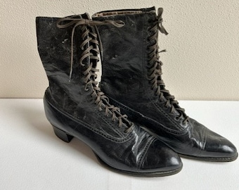 Vintage Black Leather Boots, Ankle Boots, Lace Up Boots, Mid-Calf Boots, Women’s Leather Boots, Victorian Boots, Vintage Boots