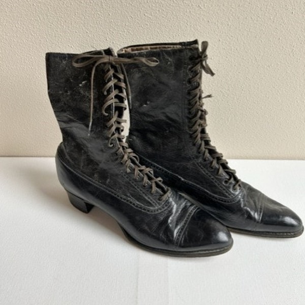 Vintage Black Leather Boots, Ankle Boots, Lace Up Boots, Mid-Calf Boots, Women’s Leather Boots, Victorian Boots, Vintage Boots