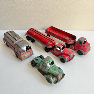 TootsieToy Trucks, Set of FOUR, Tractor Trailer, Fuel Tanker Truck, Semi Cab, Oil Tanker, Diecast Truck, Truck with Trailer, Tootsie Vehicle