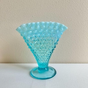 Fenton Blue Opalescent Hobnail Fan Vase, Double Crimped, Fenton Vase, Footed Vase, Hobnail Vase, Fenton Hobnail, Aqua Vase, Blue Hobnail