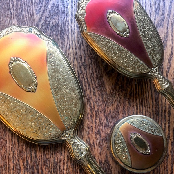 Gold Vanity Set, Gold Vanity Mirror, Gold Vanity Brush, Vintage Vanity Set, Vintage Gold Mirror, Vintage Gold Brush, Vintage Vanity Decor