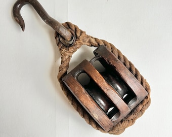 Bloque de polea doble de madera con gancho y cuerda