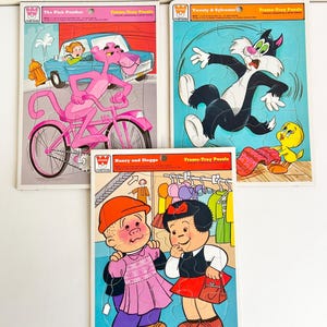1975 Whitman Frame Tray Puzzles, SET of 3, Cartoon Puzzles