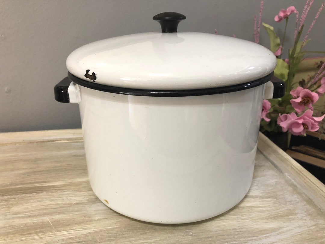 Large White Enamel Stock Pot With Black Trim, White and Black