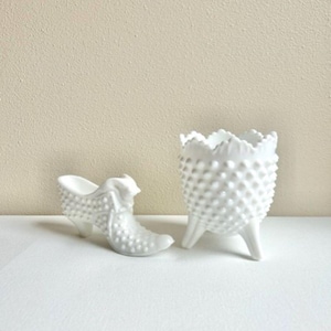 Fenton Milk Glass Hobnail Egg Vase, Fenton Footed Vase, Hobnail Glass Slipper, Cat’s Head, Trinket Dish, Candy Dish, Vintage Vanity Decor