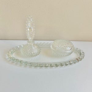 Clear Hobnail Vanity Set, 3 Pieces, Oval Tray, Perfume Bottle, Lidded Jar, Powder Jar, Vintage Vanity, Trinket Dish, Vintage Bath Décor