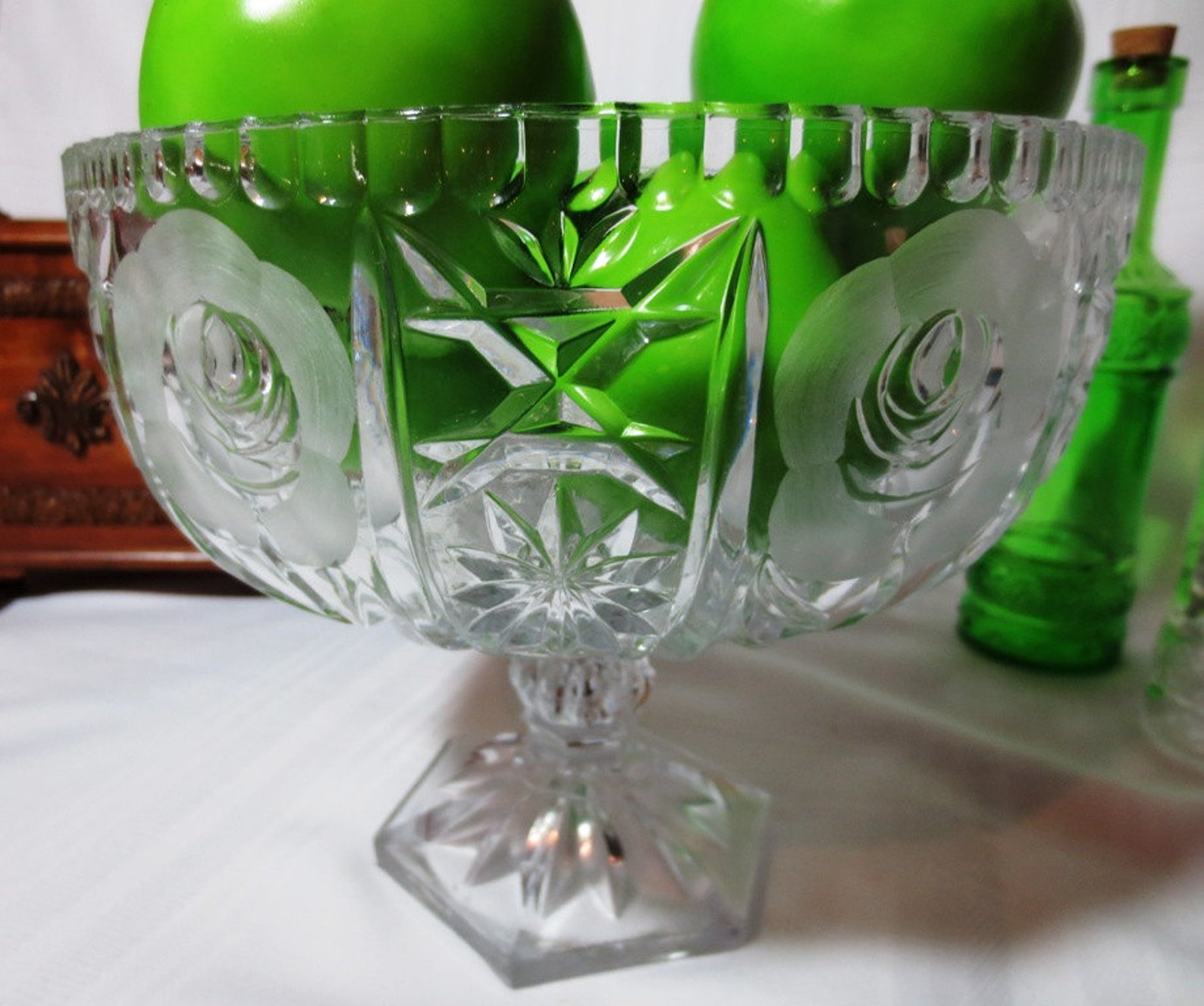 Cut Crystal Pedestal Fruit Compote Bowl With Frosted Rose Etsy