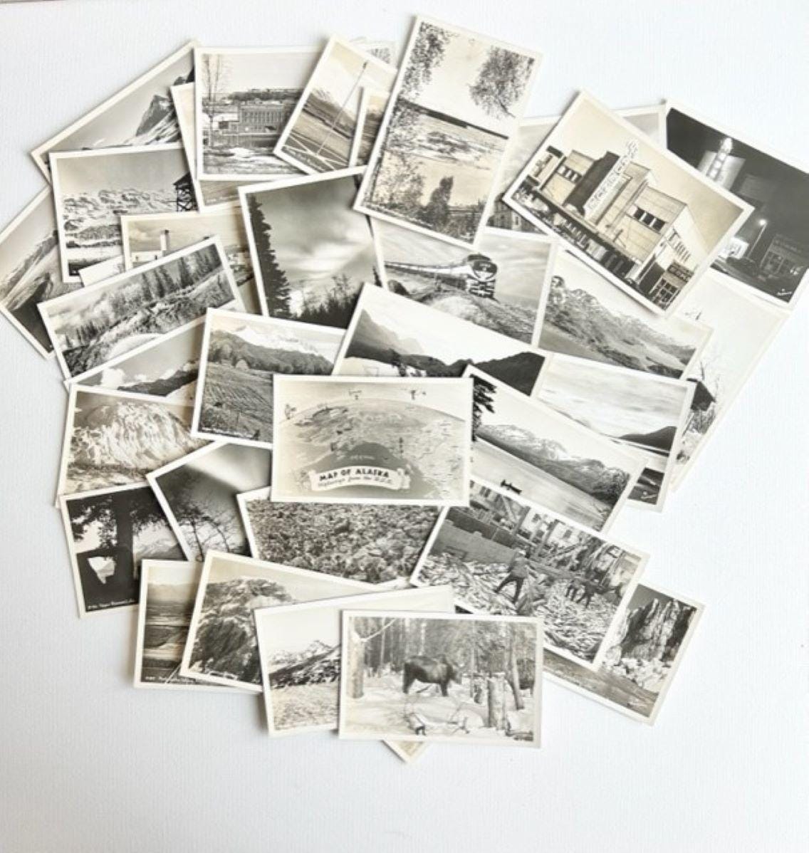 1940s Alaska Postcards, Set of 35 BLANK RPPC Postcards, Robinson Studios, Anchorage, Northern Lights, Glaciers, Islands, Moose, Volcano
