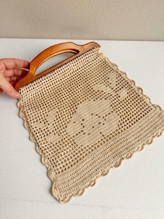 Handmade Crochet Bag with Wood Handles, Vintage Cr