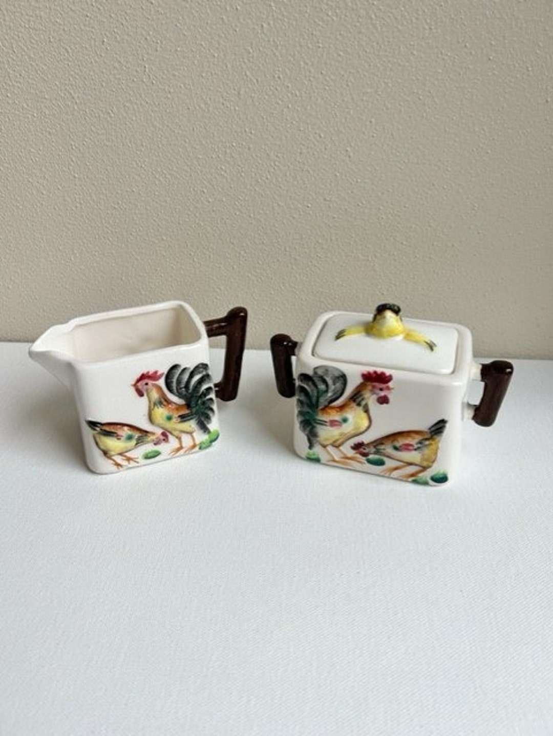 Hen and Rooster Sugar and Creamer Set With Lid, Japan, Handpainted