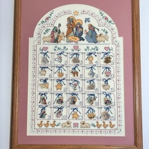 Framed Cross Stitch Christmas Advent Calendar, Cross Stitch Advent Calendar, Vintage Advent Calendar, Cross Stitch Nativity, Handmade