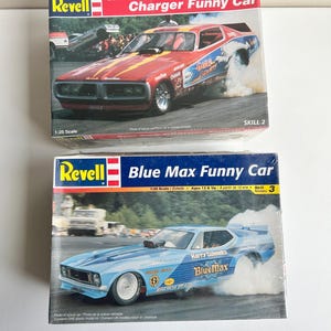1990s Revell Funny Car Model Kits, SEALED, Set of 2, Blue Max Funny Car Model, Charger Funny Car Model, Gene Snow, Drag Racing