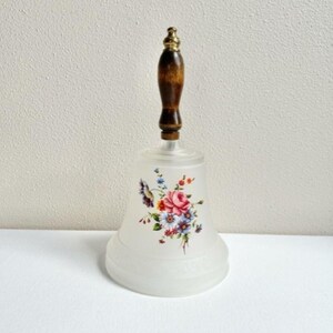 Floral Frosted Glass Bell with Wood and Brass Handle, Floral Bell, Frosted Bell, Vintage Bell, Home Décor, Vanity Décor, Collectible