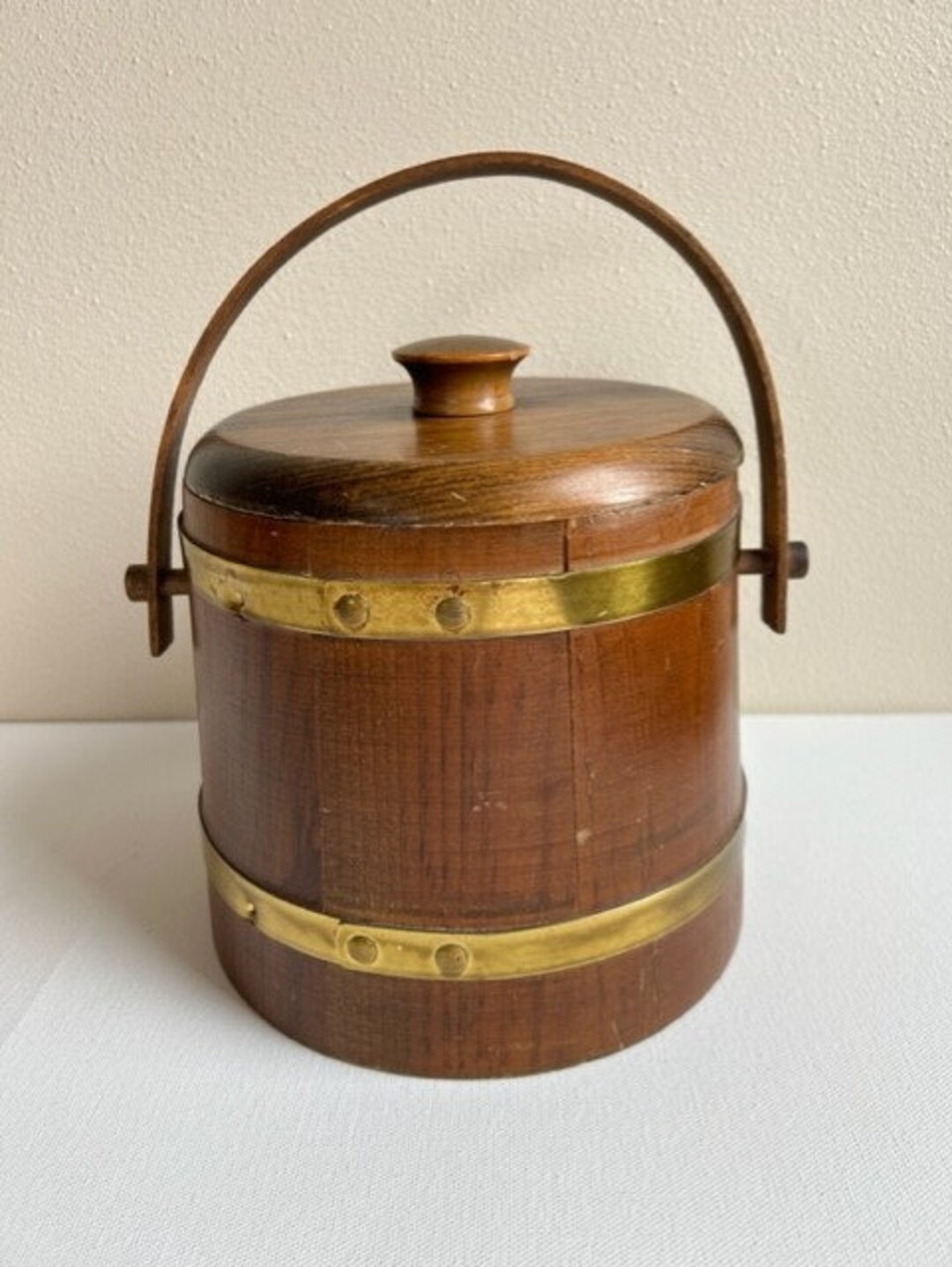 Firkin Wood Bucket With Handle and Lid, Brass Bands, Sugar Bucket