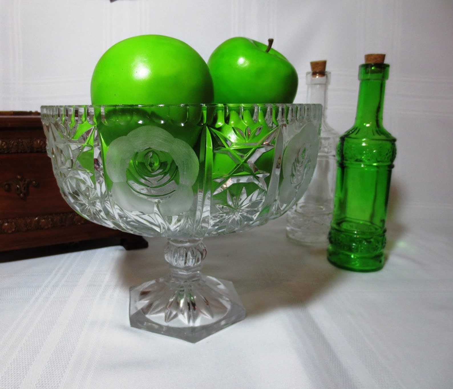 Cut Crystal Pedestal Fruit Compote Bowl With Frosted Rose Etsy