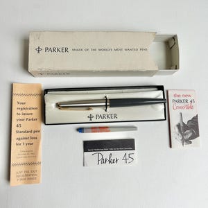 1963 Parker 45 Convertible Fountain Pen, 14K Solid Gold Nib, Cartridge Refill, Original Retail Box, Made in USA, Parker Pen Collectible