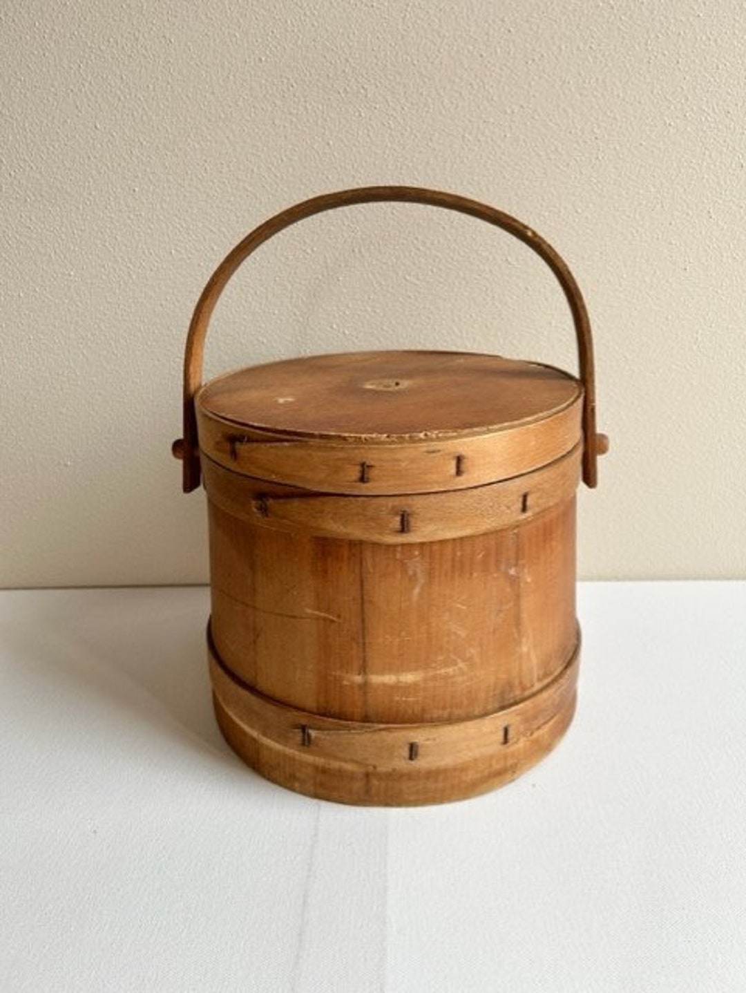 Firkin Wood Bucket With Handle and Lid, Wood Bands, Sugar Bucket, Round