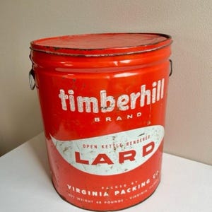 Timberhill Lard Tin, 48 Pounds, Virginia Packing Co., Red and White Tin, Storage Tin, Vintage Kitchen Tin, Rustic Tin, Farmhouse Kitchen