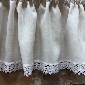 Cafe curtain White linen curtain Linen valance, Scandinavian linen curtains panel White with lace curtain panel, farmhouse style curtain