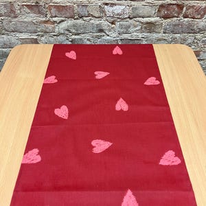 Red cotton Table runner, red tablecloth with pink hearts, modern style, Scandinavian design