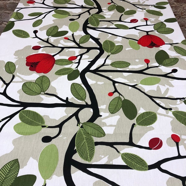 Cotton tablecloth, Magnolia Blossom Tablecloth, green leaves and red floral tablecloth, Scandinavian design, GREAT GIFT