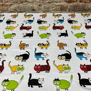 Colorful cotton tablecloth, White cotton tablecloth with red purple blue orange cats,modern style, Scandinavian design, GIFT