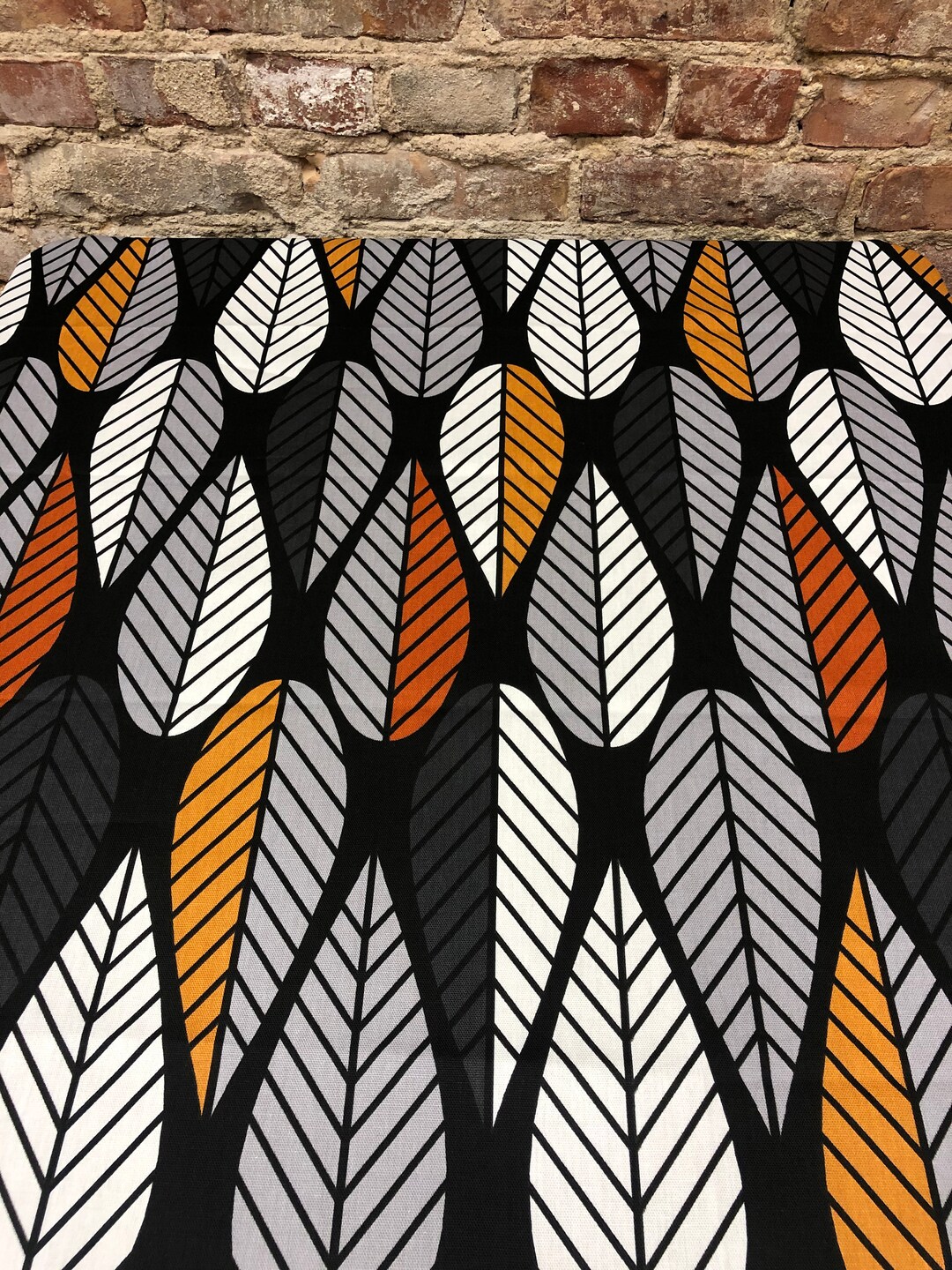 Black Cotton Tablecloth With Grey Orange, Red Striped Leaves
