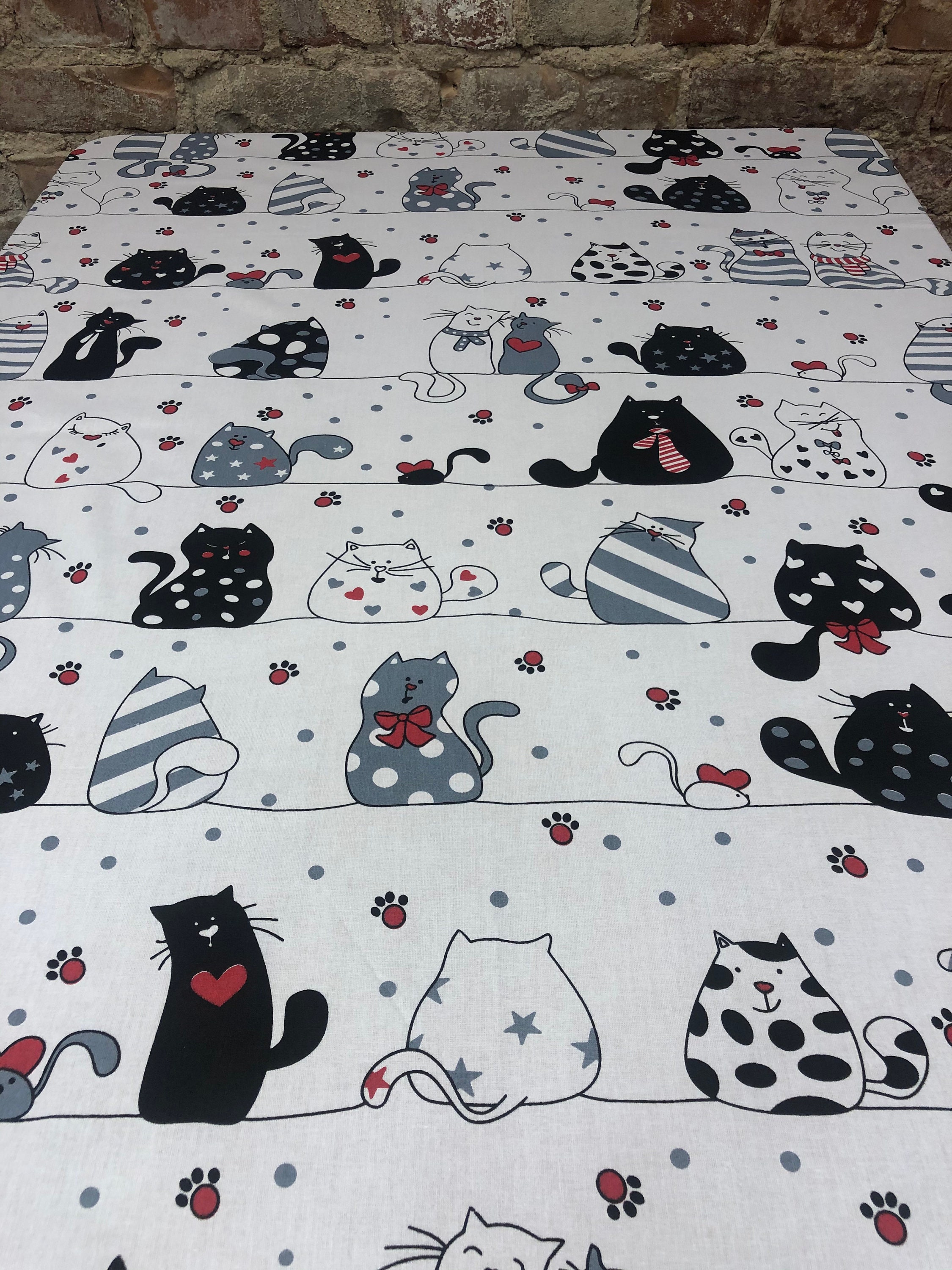 White Cotton Cat Tablecloth Cat Print Tablecloth Cotton Etsy