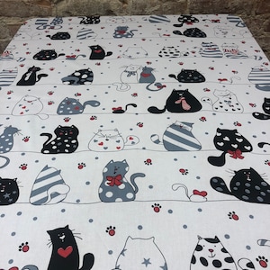 White cotton cat tablecloth, cat print tablecloth, cotton fabric, Scandinavian design, black, grey, white cat tablecloth