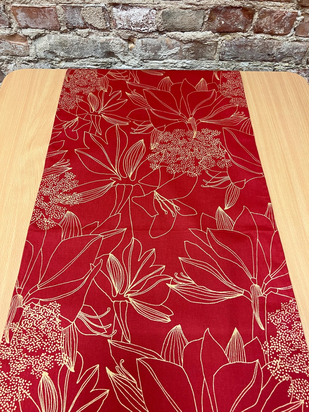 Red Pattern Table Runner Red Cotton Table Runner: Gold Floral Print Scandinavian Design - Etsy