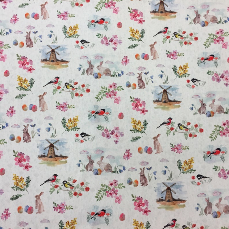 May include: A white background with a repeating pattern of colorful Easter-themed illustrations. The pattern includes bunnies, birds, flowers, windmills, and eggs.