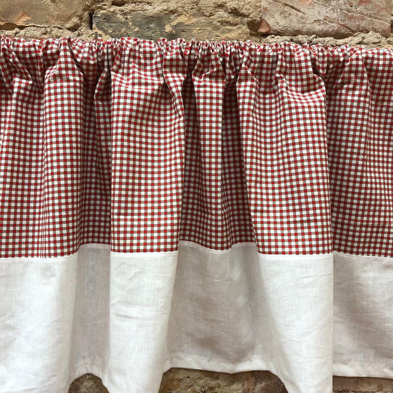 Cafe curtain red tartan cotton curtains ,cotton valance, Scandinavian linen curtains panel white with tartan curtain panel image 3