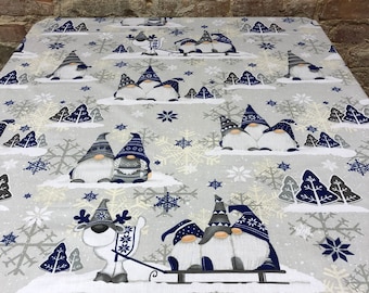 Blue Gnome Christmas Tablecloth: Cotton Holiday Table Decor