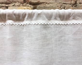 Cafe curtain White linen curtains Linen valance, Scandinavian linen curtains panel  White with lace curtain panel